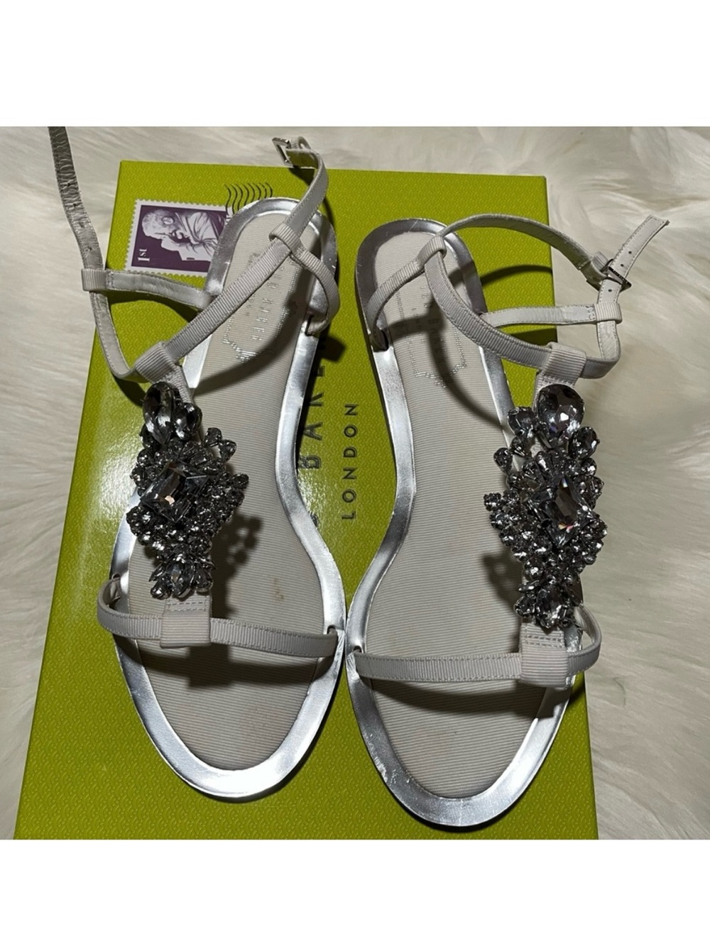 Embellished Silver T-Strap Flat Sandals - Women